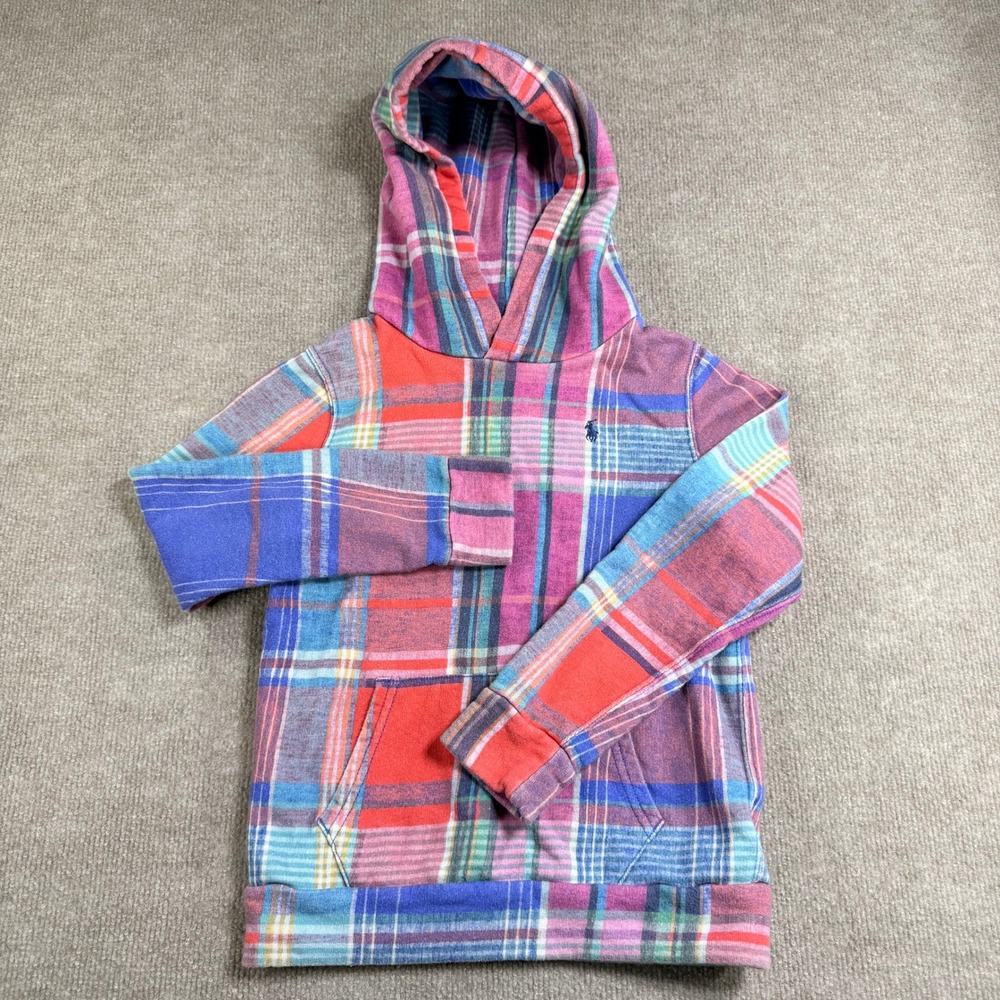 Polo Ralph Lauren Kids Plaid Hoodie Multi Color French Terry Pullover Sz M 8-10